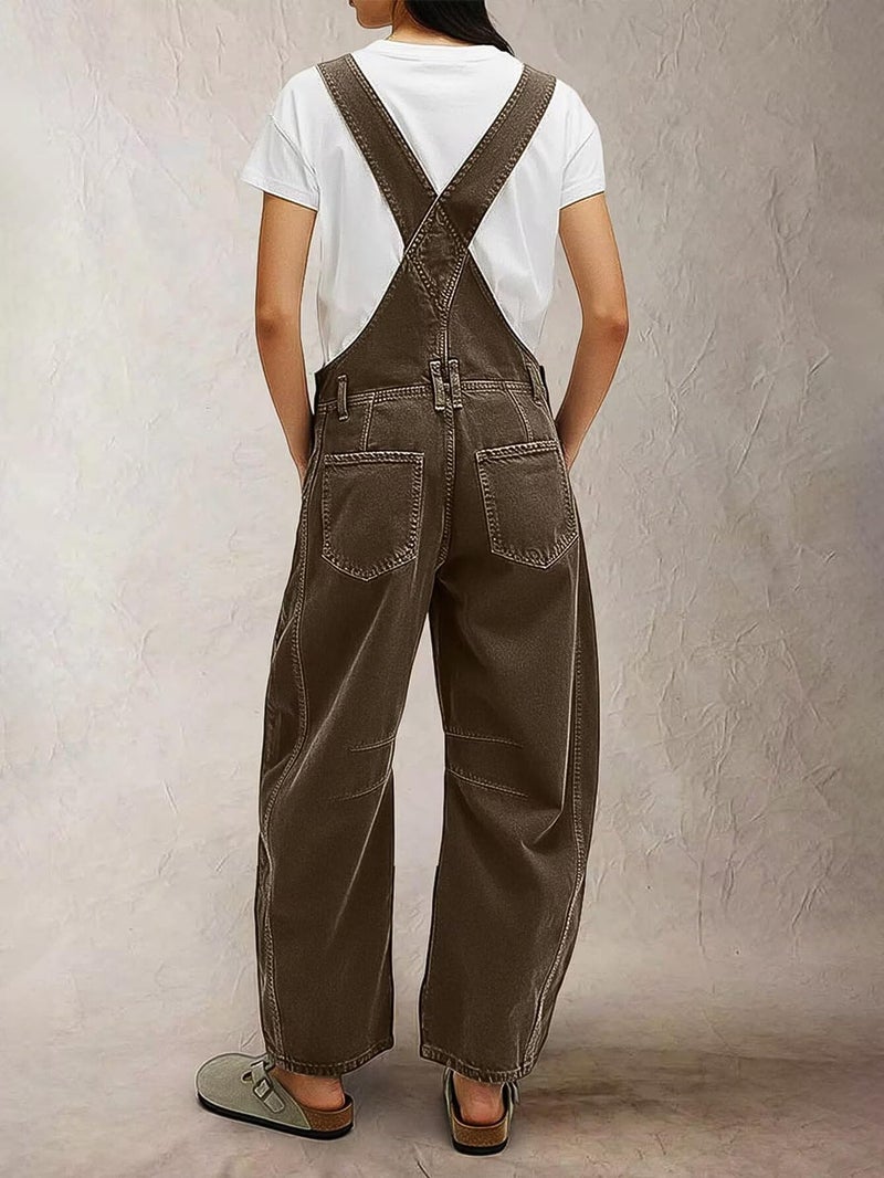 Flamingals Barrel Leg Stitch Detail Button Side Denim Overalls for Women Casual Jumpsuits with Pockets Mocha L - Image 5