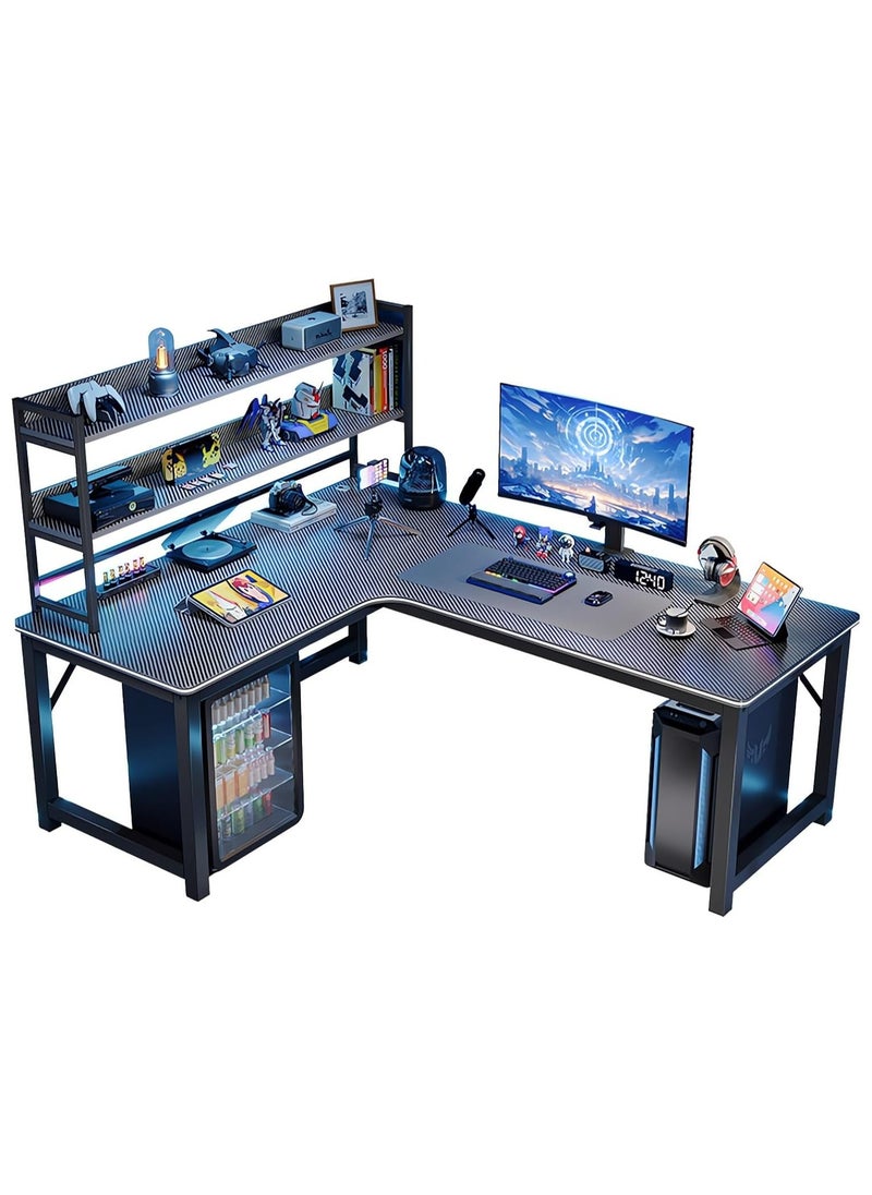 OHAHO L-Shaped Desk Computer Corner Desk with Shelf, L Shaped Home Office Table, Large Gaming Table Sturdy Writing Desks Writing Workstation (Black with Shelf, 140CM)  - Image 1