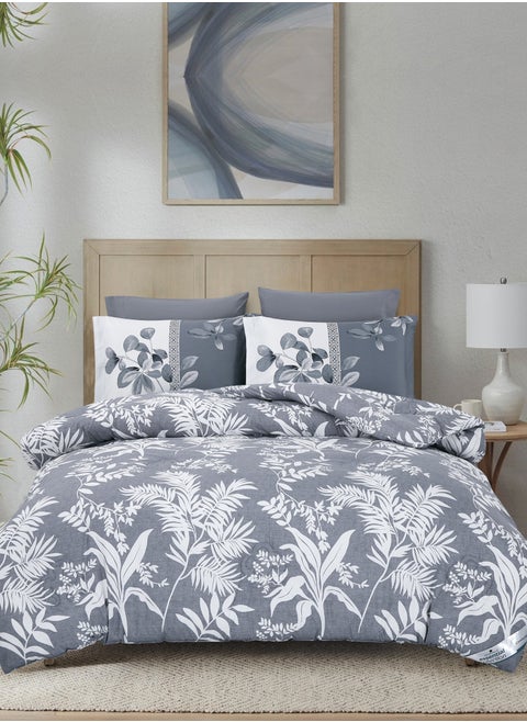 Printed Comforter Set 4-Pcs Queen Size All Season Bed Fits(140 X 200 Cm)Bedding Set With Removable Filler And Down Alternative Filling, Grey