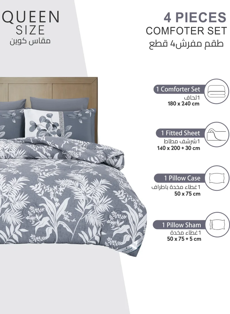 Donetella Printed Comforter Set 4-Pcs Queen Size All Season Bed Fits(140 X 200 Cm)Bedding Set With Removable Filler And Down Alternative Filling, Grey