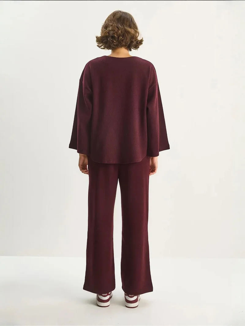 Bianco Lucci Burgundy Red LUCCI V-Neck Knitted Cardigan and Wide Leg Pants Set for Women | Best Price UAE