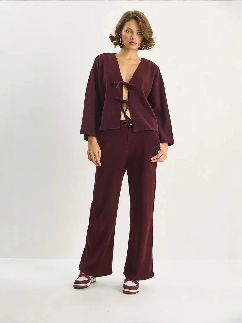 Bianco Lucci Burgundy Red LUCCI V-Neck Knitted Cardigan and Wide Leg Pants Set for Women | Best Price UAE