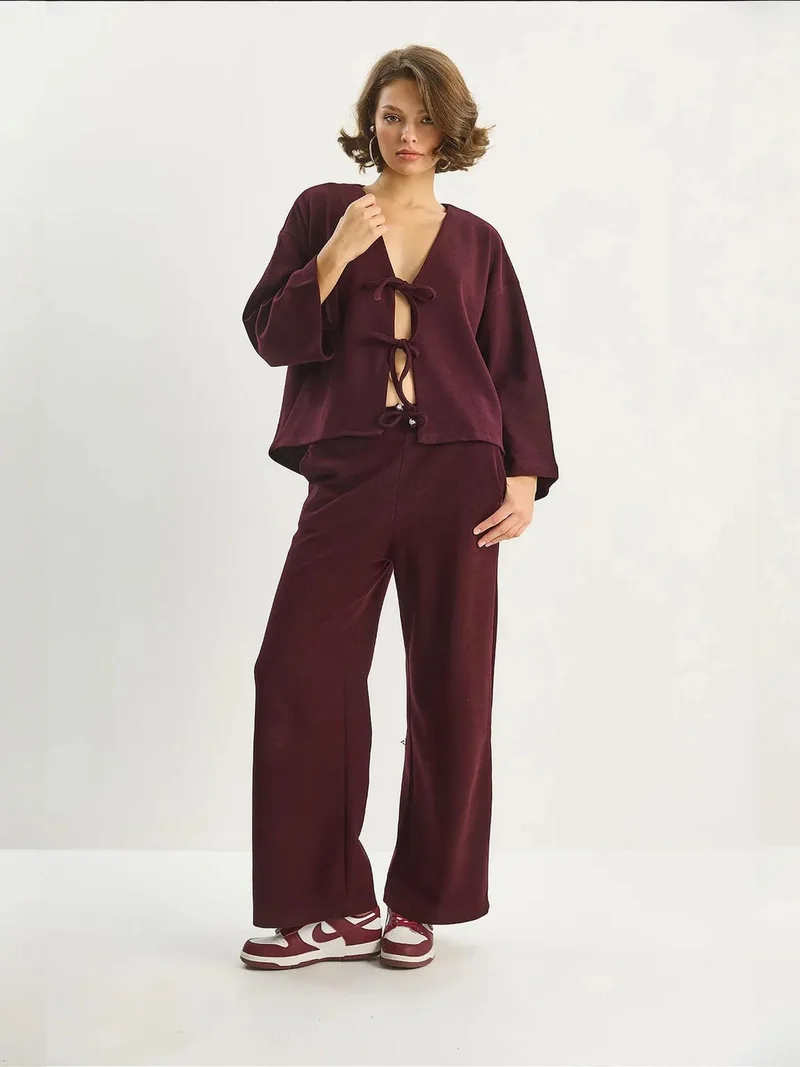 Bianco Lucci Burgundy Red LUCCI V-Neck Knitted Cardigan and Wide Leg Pants Set for Women | Best Price UAE