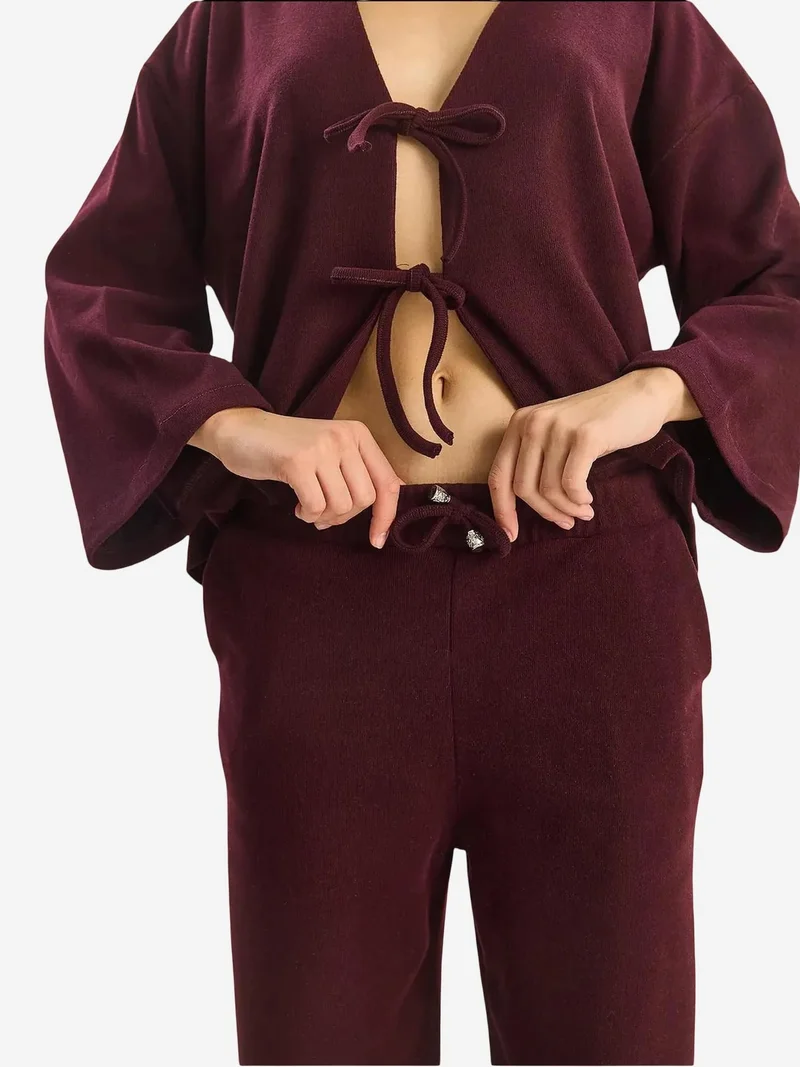 Bianco Lucci Burgundy Red LUCCI V-Neck Knitted Cardigan and Wide Leg Pants Set for Women | Best Price UAE