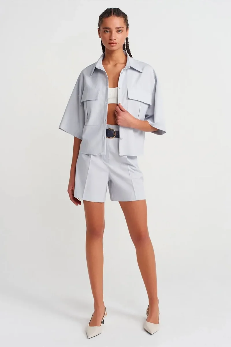 Dilvin Baby Blue DILVIN Oversized Crop Crepe Overshirt for Women | Best Price UAE