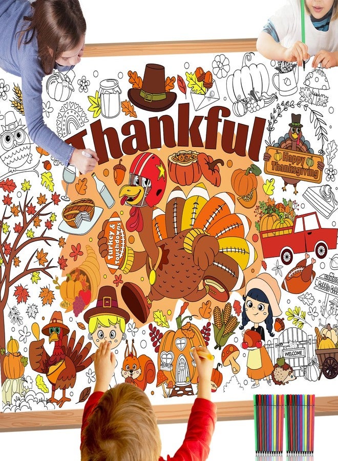 HOWAF Thanksgiving Gobble Coloring Poster with 24 pcs Paint Pens, Turkey Jumbo Paper Coloring Banner Tablecloth, Turkey Touchdowns Coloring Banner for Kids for Fall Harvest Classroom Home Party Supplies - Image 1
