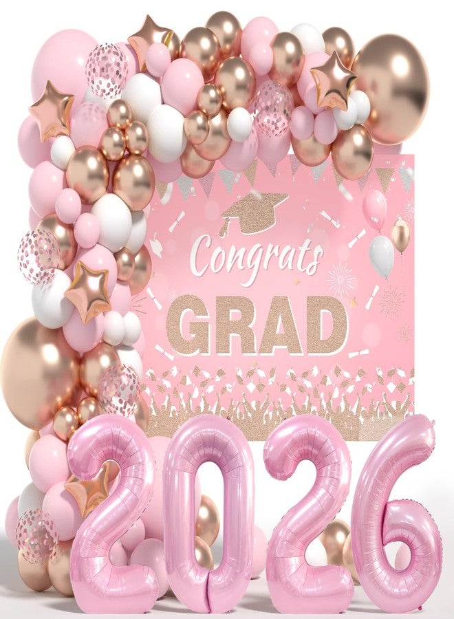 LYVEEF Graduation Decorations Class of 2026: Pink and Gold Graduation Balloons Arch Kit 2026 Grad Party Decorartion with Congrats Grad Backdrop Party Supplies for High School & College Celebrations - Image 1