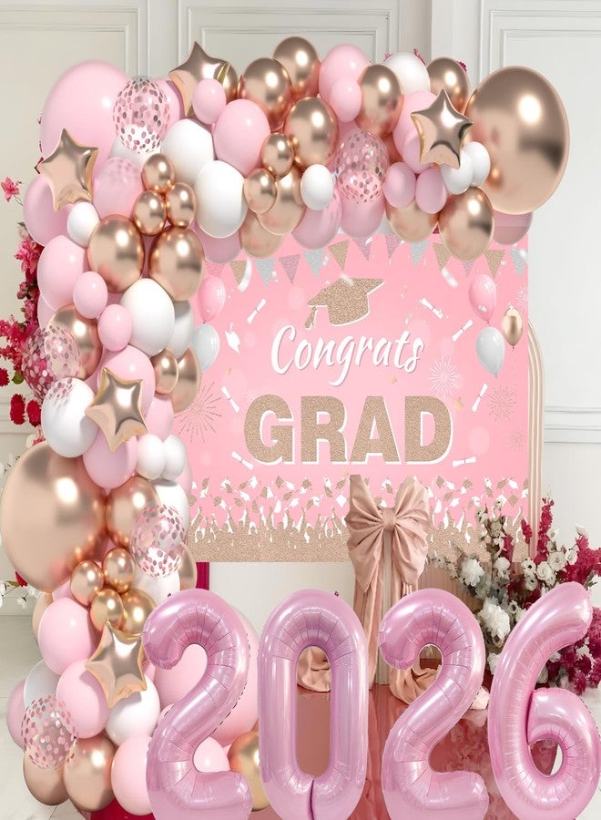 LYVEEF Graduation Decorations Class of 2026: Pink and Gold Graduation Balloons Arch Kit 2026 Grad Party Decorartion with Congrats Grad Backdrop Party Supplies for High School & College Celebrations - Image 3
