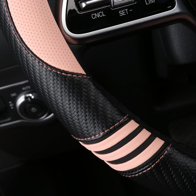 HighnessHwoo Car Steering Wheel Covers for Women Padded Carbon Fiber PU Leather Cute Auto Interior Accessories for Vehicle, Sedan, Universal, Anti Slip, Pink, Standard Size, 14.75-15.15in - Image 4