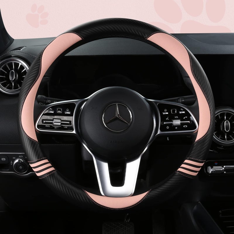 HighnessHwoo Car Steering Wheel Covers for Women Padded Carbon Fiber PU Leather Cute Auto Interior Accessories for Vehicle, Sedan, Universal, Anti Slip, Pink, Standard Size, 14.75-15.15in - Image 1