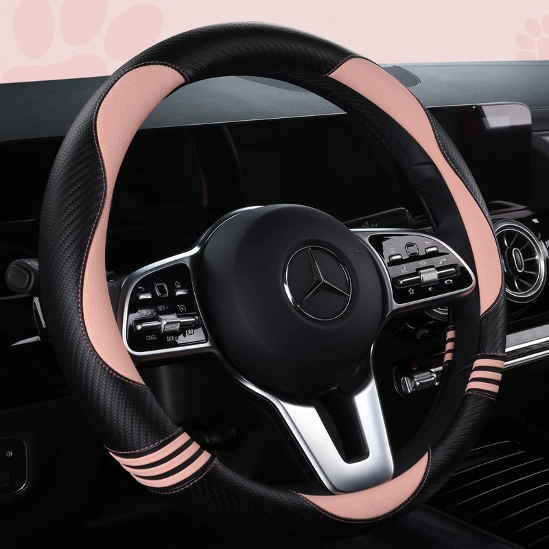 HighnessHwoo Car Steering Wheel Covers for Women Padded Carbon Fiber PU Leather Cute Auto Interior Accessories for Vehicle, Sedan, Universal, Anti Slip, Pink, Standard Size, 14.75-15.15in - Image 2