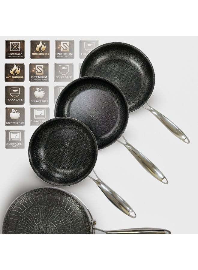 Bidstone 3‑Piece Non‑Stick Frying Pan Set | 28/24/20 cm Heavy‑Duty Stainless Steel Pans | Honeycomb Anti‑Scorching Interior | Essential Cookware for Everyday Cooking - Image 2