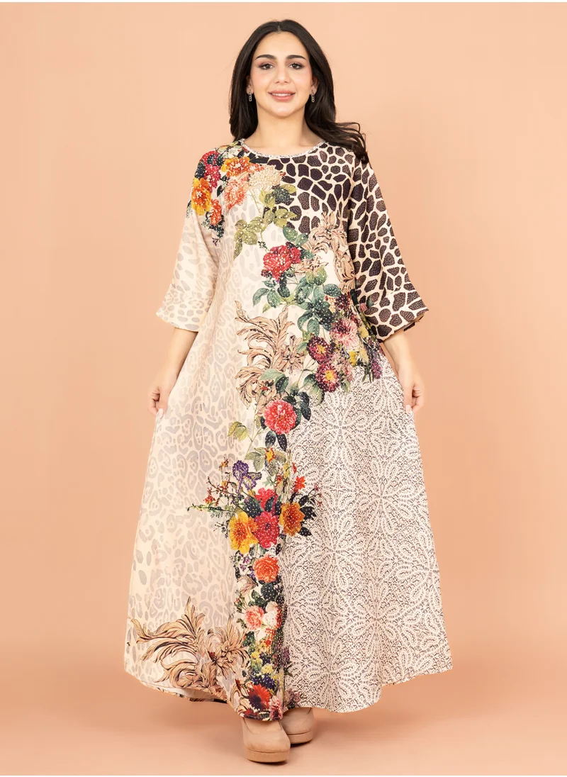 IKKXA Vibrant Floral Embellished Jalabiya IK1002 Beige