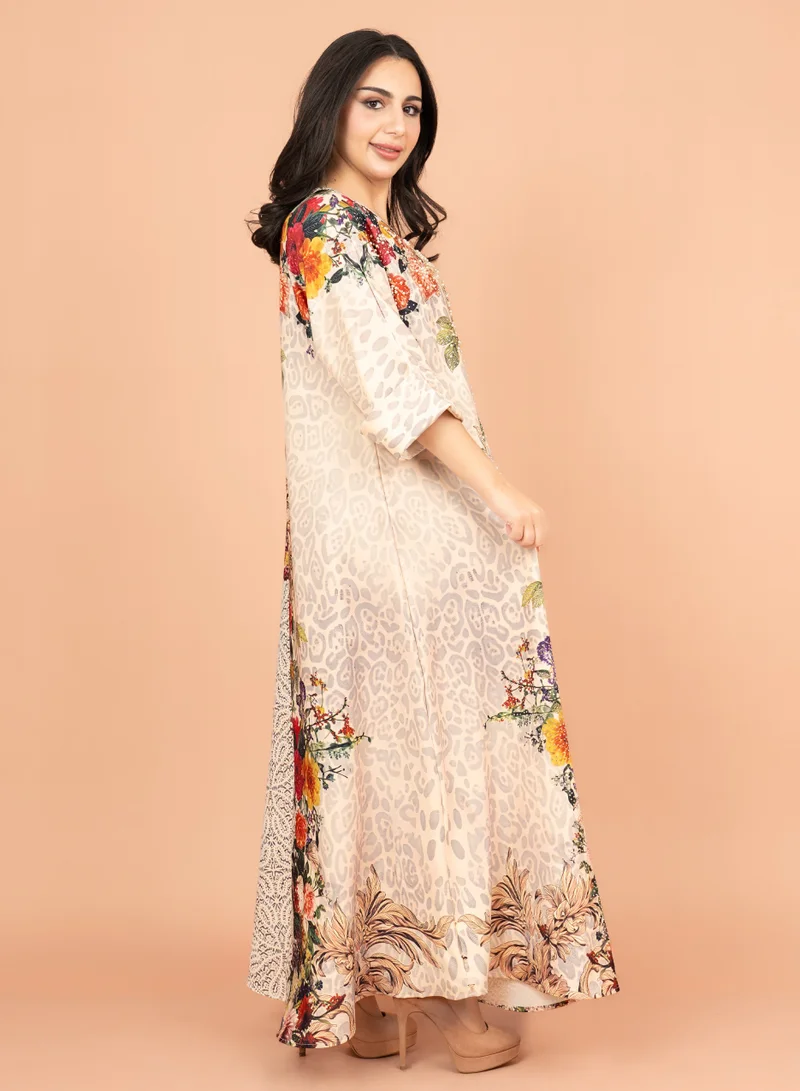 IKKXA Vibrant Floral Embellished Jalabiya IK1002 Beige