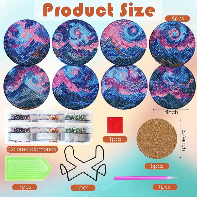 ijbnhd 8 PCS Aurora Diamond Art Coasters Diamond Painting Coasters Kits with Holder Aurora DIY Coaster for Beginners, Adults, Diamond Art Crafts Supplies 4x4 in (Cork Wooden Pad) - Image 3