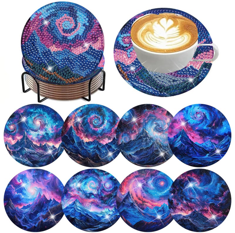 ijbnhd 8 PCS Aurora Diamond Art Coasters Diamond Painting Coasters Kits with Holder Aurora DIY Coaster for Beginners, Adults, Diamond Art Crafts Supplies 4x4 in (Cork Wooden Pad) - Image 1