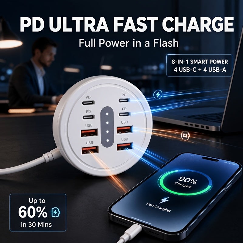 محور شحن سريع USB-C بقوة 66 واط، 8 في 1 مع 4 منافذ USB-C PD و 4 منافذ USB-A - Image 4