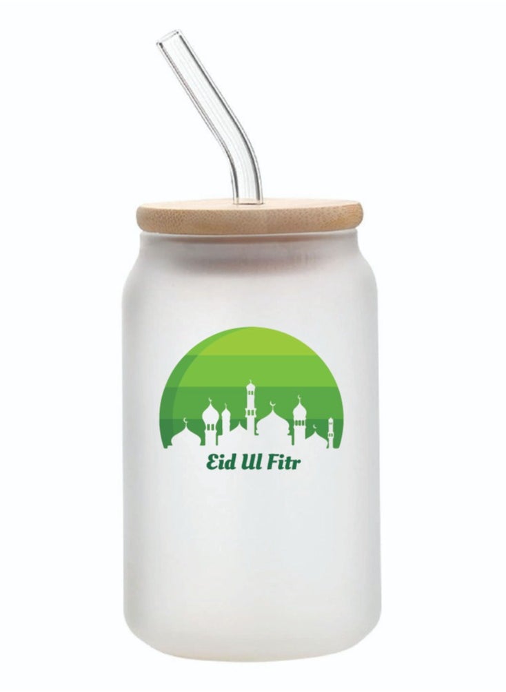 PRINTSHOP4ME Eid Mubarak Reusable Glass Bottle with Straw and Bamboo Lid 455 ml - Eid Gift for all Islamic - Celebrate Eid Mubarak with this Eco-Friendly Glass Bottle  - Image 1