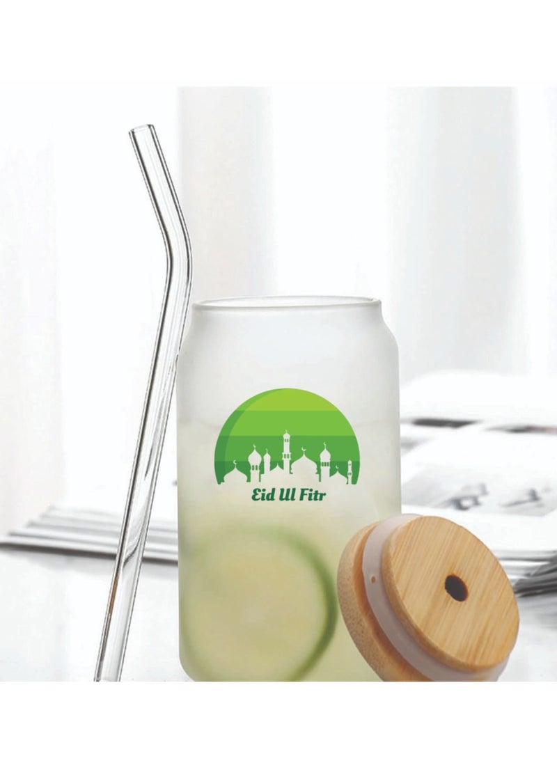 PRINTSHOP4ME Eid Mubarak Reusable Glass Bottle with Straw and Bamboo Lid 455 ml - Eid Gift for all Islamic - Celebrate Eid Mubarak with this Eco-Friendly Glass Bottle  - Image 4