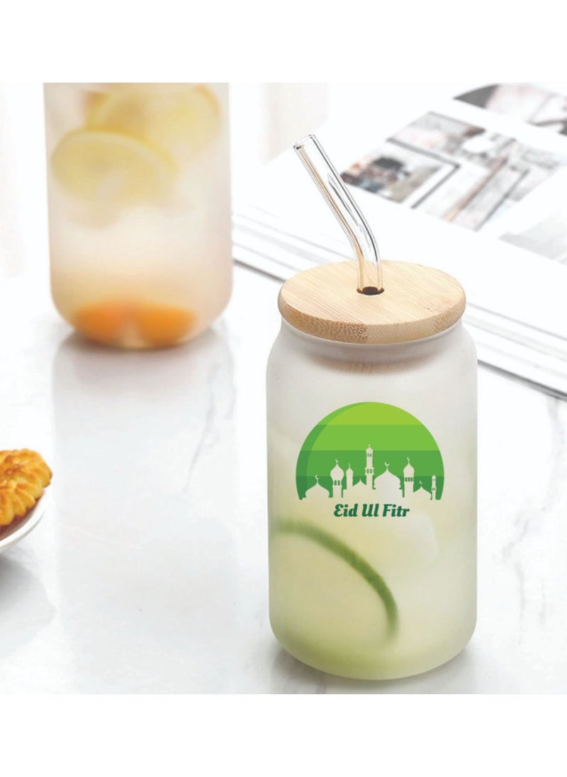 PRINTSHOP4ME Eid Mubarak Reusable Glass Bottle with Straw and Bamboo Lid 455 ml - Eid Gift for all Islamic - Celebrate Eid Mubarak with this Eco-Friendly Glass Bottle  - Image 2