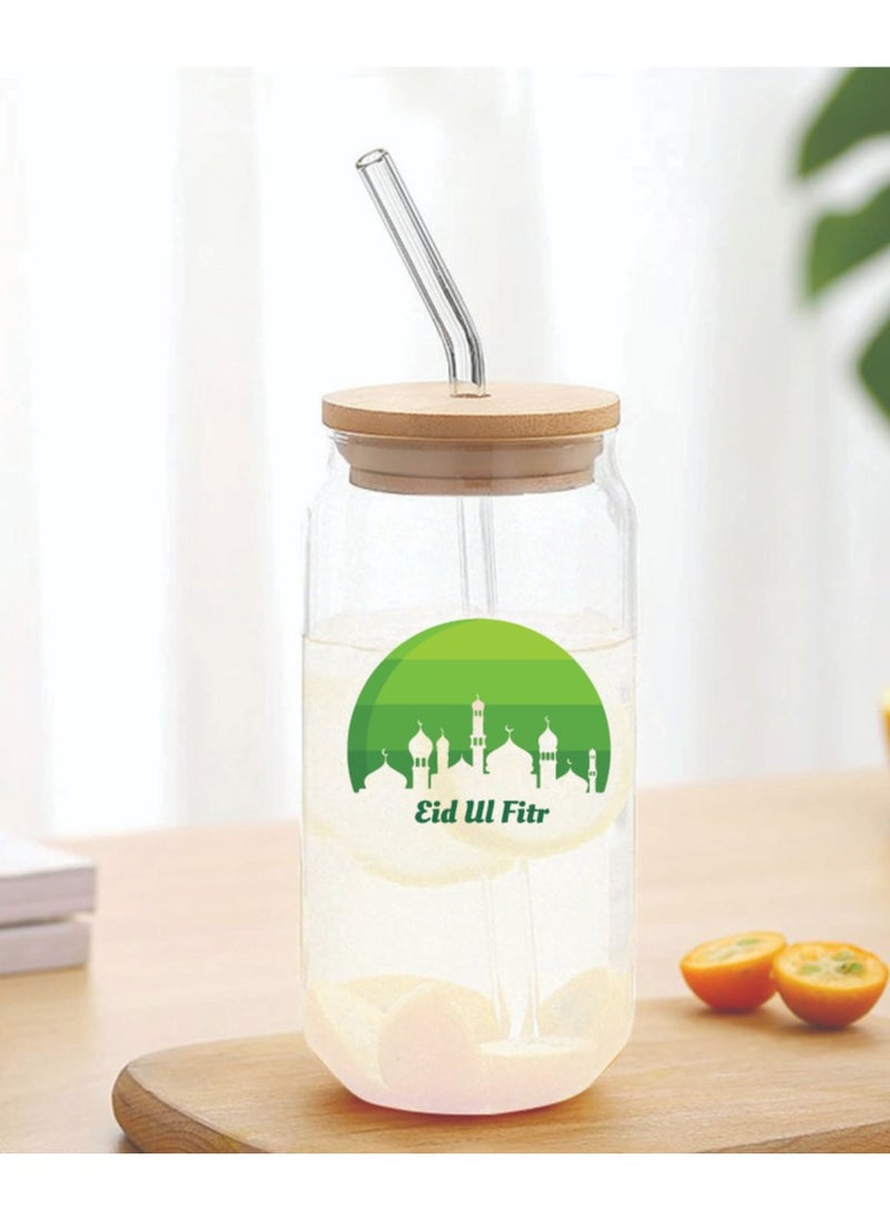 PRINTSHOP4ME Eid Mubarak Reusable Glass Bottle with Straw and Bamboo Lid 455 ml - Eid Gift for all Islamic - Celebrate Eid Mubarak with this Eco-Friendly Glass Bottle  - Image 3