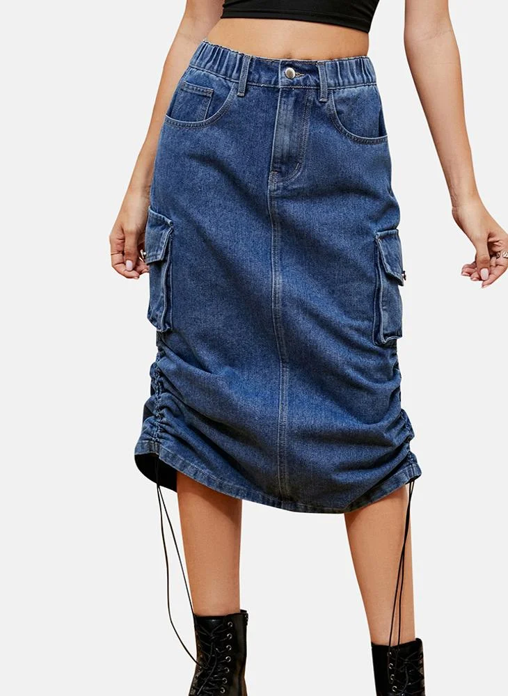 YUNIQEE Blue Mid Rise Plain Midi Skirt