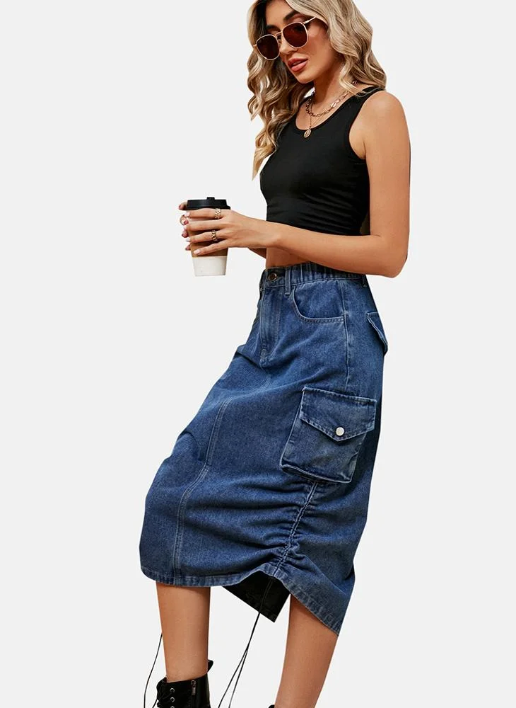 YUNIQEE Blue Mid Rise Plain Midi Skirt