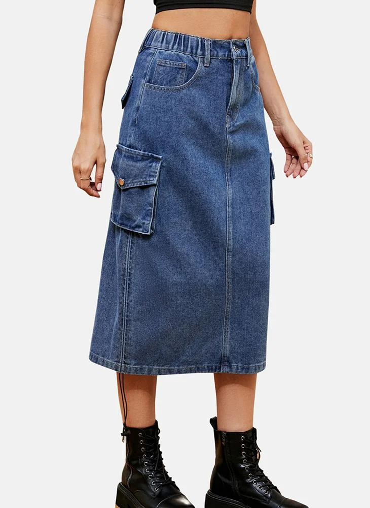 YUNIQEE Blue Mid Rise Plain Midi Skirt