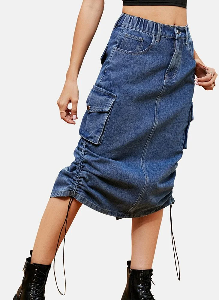 YUNIQEE Blue Mid Rise Plain Midi Skirt