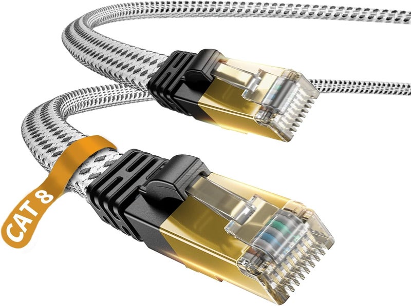 كابل إيثرنت Cat 7، مضفر من النايلون بطول 26 قدمًا، عالي السرعة، احترافي، مع قابس مطلي بالذهب، أسلاك STP، كابل RJ45 Cat 7 (أبيض 26 قدمًا) - Image 1