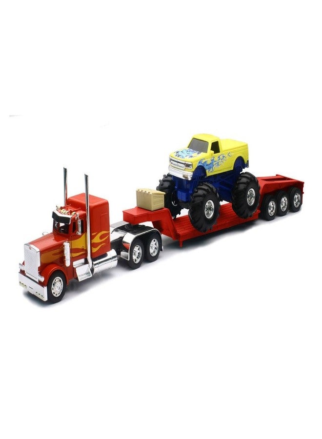 NewRay New-Ray New 1:32 NEWRAY Truck & Trailer Collection - RED Peterbilt Model 379 LOWBOY with Monster Truck Diecast Model Toys - Image 3
