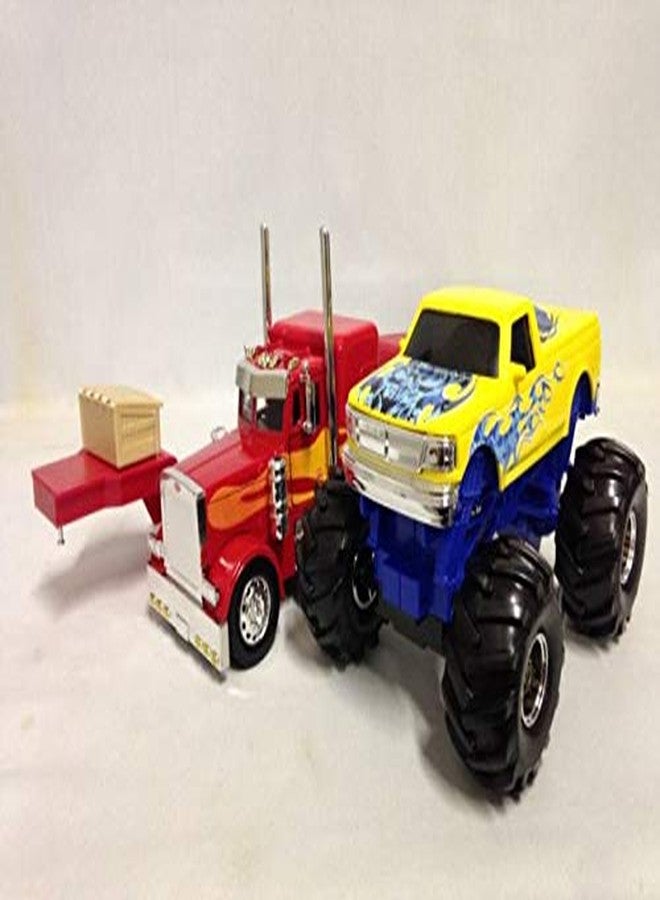 NewRay New-Ray New 1:32 NEWRAY Truck & Trailer Collection - RED Peterbilt Model 379 LOWBOY with Monster Truck Diecast Model Toys - Image 2