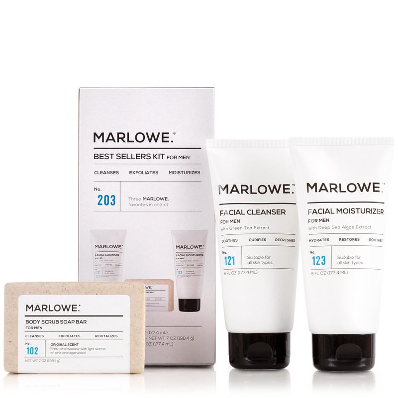 MARLOWE. Best Sellers Kit No. 203, Features Signature No. 102 Original Body Scrub Soap Bar, No. 121 Facial Cleanser & No. 123 Facial Moisturizer, Great Gift for Men - Image 1