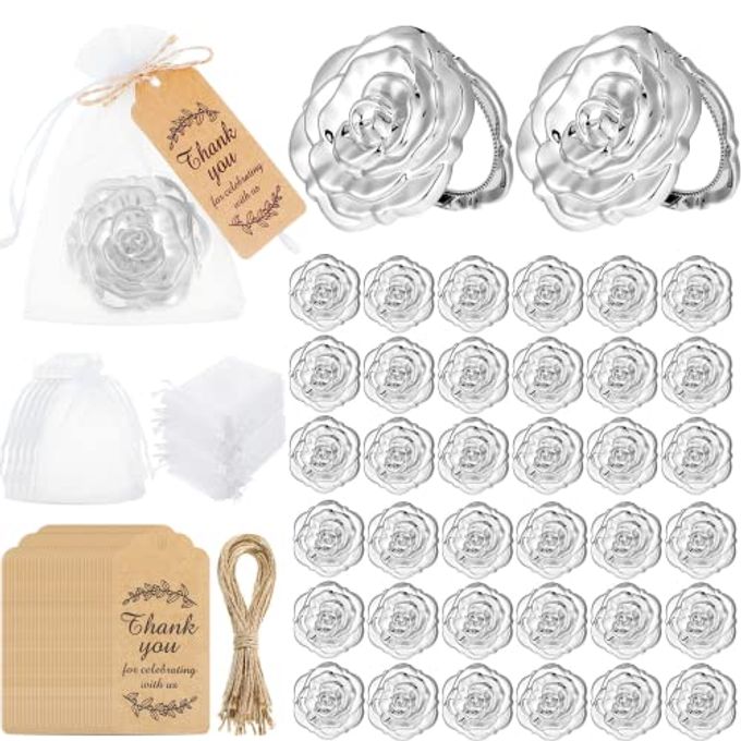 Woanger 36 Set Rose Compact Mirrors Bulk for Quinceanera, Sweet 16, Wedding Party Favors, Bridesmaid Gifts, Thank You Tags, White Organza Bags for Bridal Shower Bachelorette and Guest Gifts(Silver) - Image 4