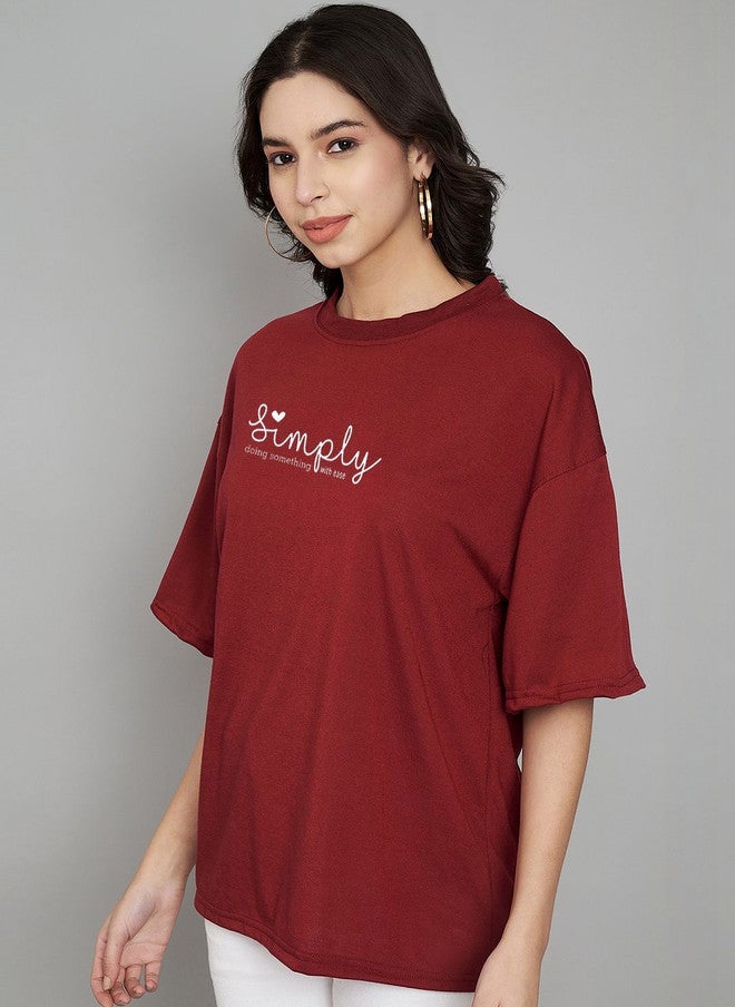TREND LEVEL Maroon Typography Printed Drop-Shoulder T-shirt for Women - Image 3