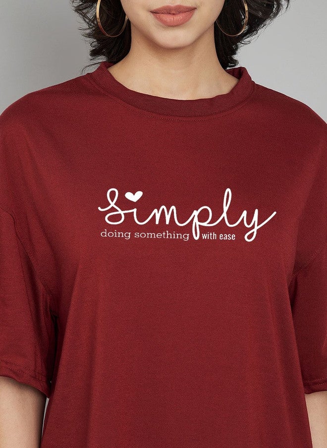 TREND LEVEL Maroon Typography Printed Drop-Shoulder T-shirt for Women - Image 2