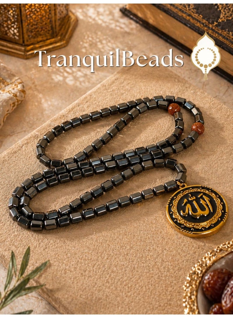 TranquilBeads 99 Beads Tasbih with Pendant and Gift Box | Black Hematite Stone Beads | Elegant Handcrafted Jewelry for Men - Image 1