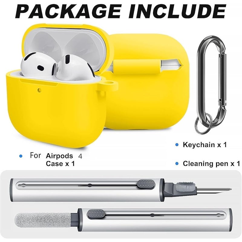 Woyinger for Airpods 4th Case Cover, Come with Cleaner Kit,Soft Skin Silicone Case Cover with Keychain, Front LED Visibl, Full Protective Case，Compatible with AirPods 4th(Yellow) - Image 2