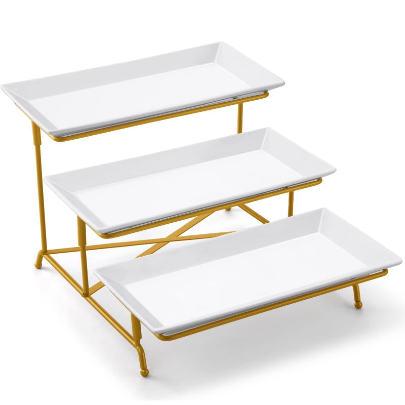 Yedio 3 Tier Serving Tray Set Porcelain Tiered Serving Platters Collapsible Sturdier Stand with Stable Cross Bars 12 Inch Three Layer Serving for Party Entertaining Food Display Fruit Dessert