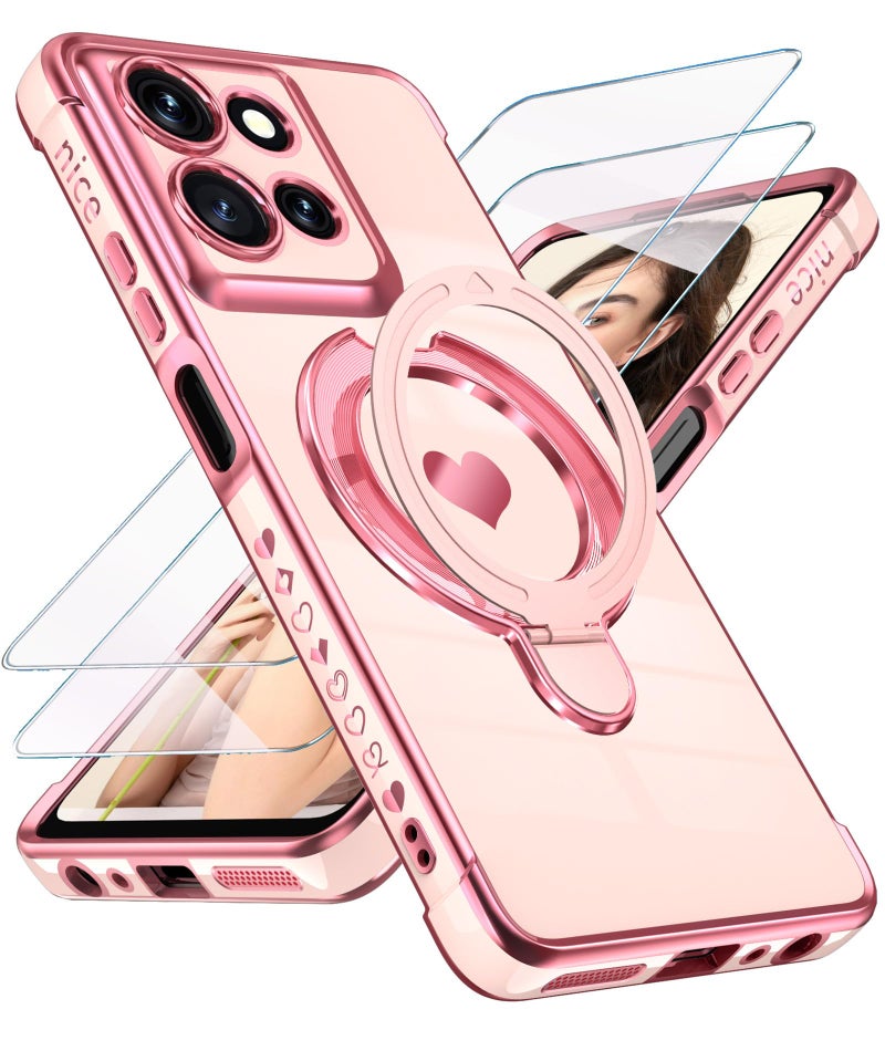 Liufcx for Motorola Moto G 5G 2025 Phone Case with Screen ProtectorCute Love Heart PatternRing Metal KickstandPlated Gold Edge Soft TPU Full Camera Protection Cover for Moto G 2025 Pink - Image 3