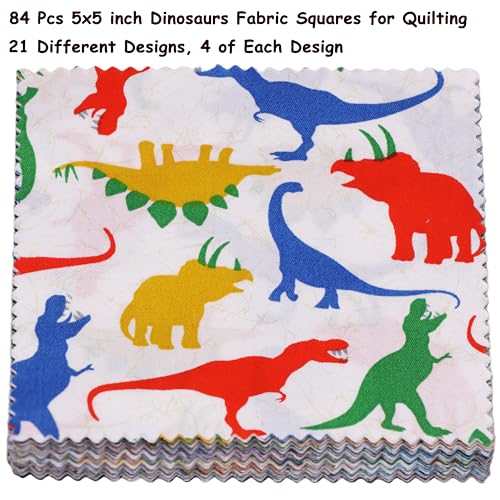 Hanjunzhao 84Pcs 5x5 Dinosaur Cotton Fabric Squares for Baby Boy - Dinosaur Charm Pack Fabric for Quilting 5 inch - Precut Quilt Squares 5x5 for Quilting, Sewing, Blanket, Home Decor, and Crafts - Image 3