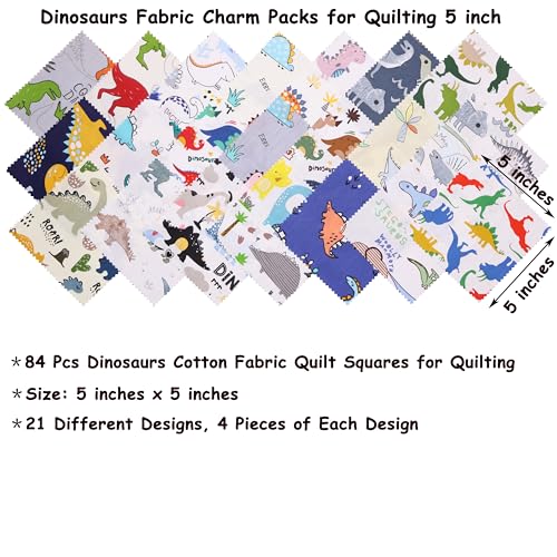 Hanjunzhao 84Pcs 5x5 Dinosaur Cotton Fabric Squares for Baby Boy - Dinosaur Charm Pack Fabric for Quilting 5 inch - Precut Quilt Squares 5x5 for Quilting, Sewing, Blanket, Home Decor, and Crafts - Image 5