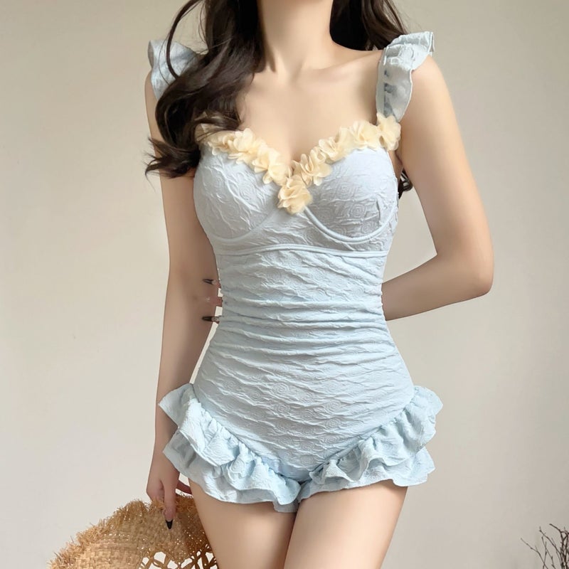 2025 Baby Blue One-Piece Ruffled Modest Slimming Push-Up Swimsuit - Image 3