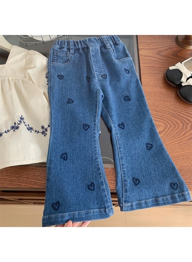 Ayada Home Girls Heart Embroidered Flare Jeans, Elastic Waist Denim Pants - Image 2