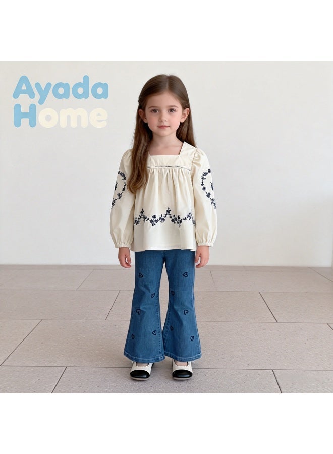 Ayada Home Girls Heart Embroidered Flare Jeans, Elastic Waist Denim Pants - Image 1