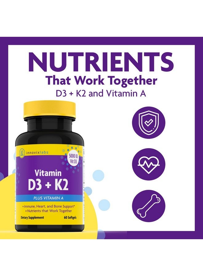 InnovixLabs InnovixLabs Vitamin D3 K2-5000 IU Vitamin D3 Plus 600 mcg Vitamin K2 MK4 and MK7 for Max Calcium Absorption, Supports Bone, Immune, Heart Health, 3rd Party Tested, Gluten Free, 60 Softgels - Image 2