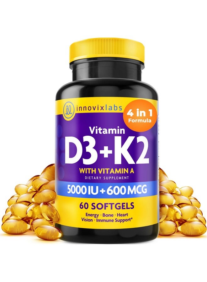 InnovixLabs InnovixLabs Vitamin D3 K2-5000 IU Vitamin D3 Plus 600 mcg Vitamin K2 MK4 and MK7 for Max Calcium Absorption, Supports Bone, Immune, Heart Health, 3rd Party Tested, Gluten Free, 60 Softgels - Image 1