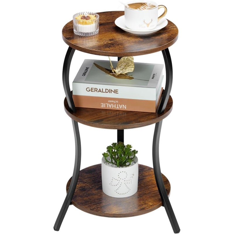 YEAKOO Vintage Small Round Side Table, 3-Tier Slim Waist Circular End Table with Storage Shelf, Compact Tea Sofa Table, Round Corner Coffee Table Nightstand for Living Room Bedroom Small Spaces,Rustic Brown - Image 1