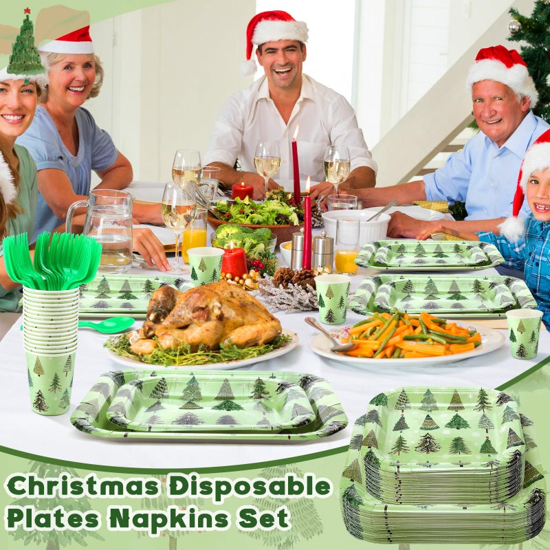 Suttmin 350 Pcs Paper Plates and Napkins Set Disposable Dinnerware Party Supplies Tableware Serve 50 Guest Cups Knife Forks Spoon(Green Christmas Tree) - Image 3