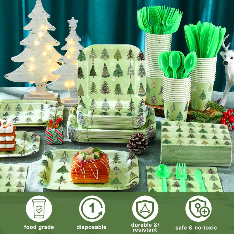 Suttmin 350 Pcs Paper Plates and Napkins Set Disposable Dinnerware Party Supplies Tableware Serve 50 Guest Cups Knife Forks Spoon(Green Christmas Tree) - Image 1